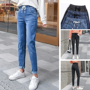 Študent džínsy ženské nové elastické šnúrkou pás rozbité taška ležérne džínsy ležérne džínsy 2023