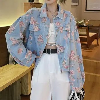 Ženy Oblečenie Nadrozmerná Kvet Krátke Džínsové Kabát na Jar a na Jeseň Voľné kórejský Stylecasual Módne Sladké Elegantný Top pre Ženy