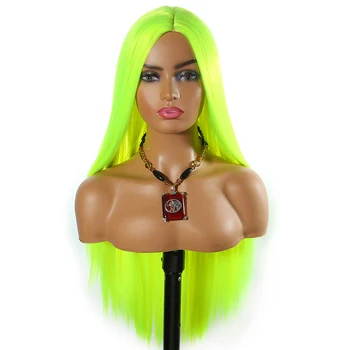 Žiarivkové Svetlo Zelená Syntetické Vlasy, Parochne Dlhé Rovné Žlté Vlasy Halloween Cosplay Časť Tepelne Odolných Vlákien Parochne Pre Čierne Ženy