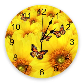 Žlté Slnečnice Motýľ Kvety Rastlín Dekoratívne Okrúhle Nástenné Hodiny Vlastný Dizajn Non Tikot Tichý Spálne Veľké Nástenné Hodiny